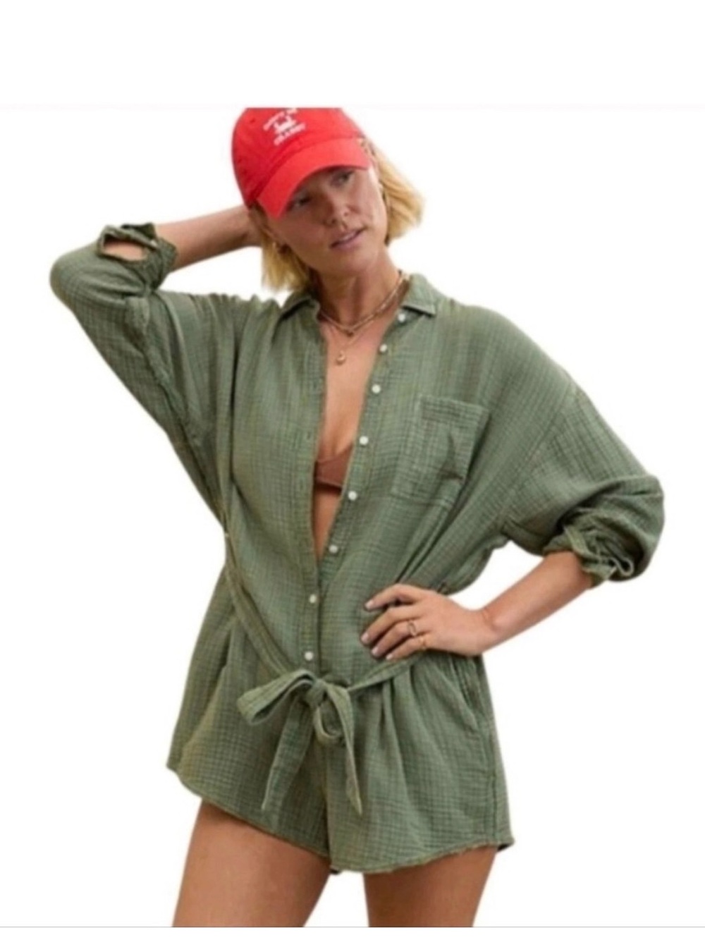 aerie pool to party Olive Green Button-Front Romper with Waist Tie